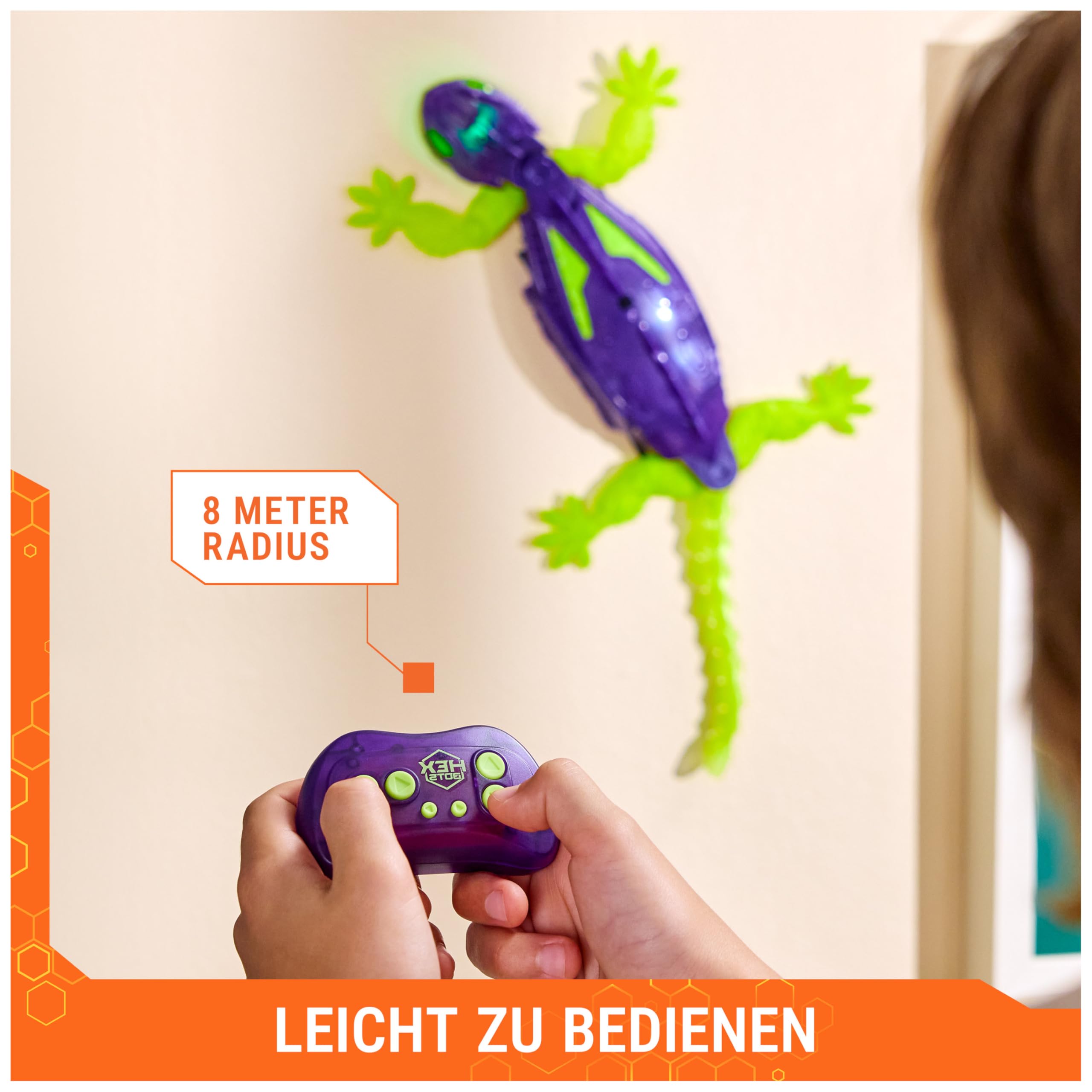 Hex Bots – Wandflitzer Gecko Glow-in-the Dark, RC-Gecko mit LED-Augen & Glow-in-the-Dark-Beinen, das ferngesteuerte Tier klettert an Wänden & Decken, inkl. Fernbedienung, für Kinder ab 4 Jahren 5