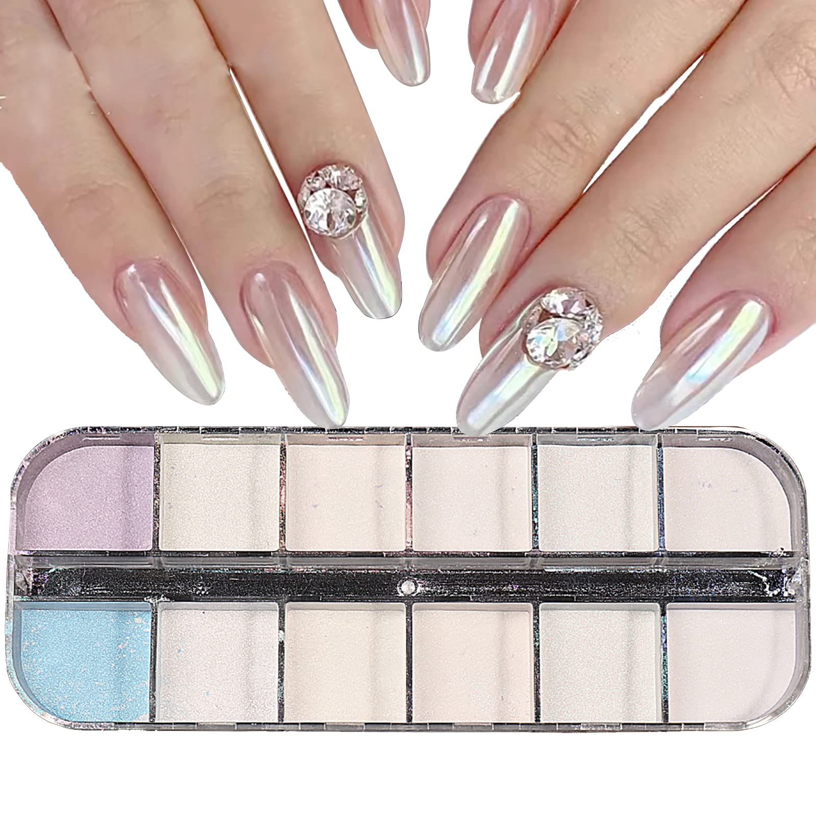 Chrome Nail Powder,1Box 12Grids Aurora Mermaid Pearl Nail Art Glitter Powder Iridescent,Shell Glitter Mirror Holographic Manicure Pigment for Nail Art Design Decoration Accessory (Nail Powder B)