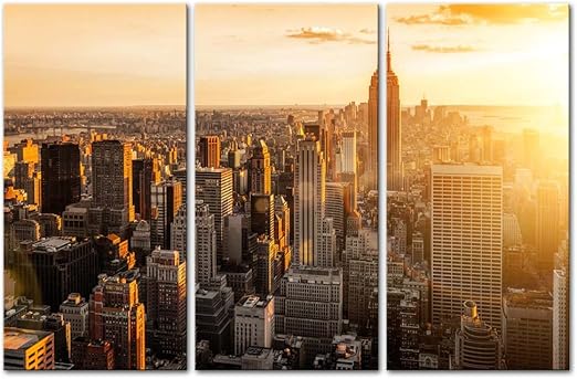 Amazon Com My Easy Art New York City Wall Art Decor Skyline Of United States Nyc Canvas Pictures Artwork Skyscrapers Buildings Cityscape At Sunset 3 Panel Painting Prints For Home Living Dining Room