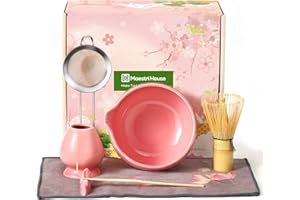 Maestri House Pink Matcha Whisk Set, 7-Pc Complete Matcha Kit with Spouted Ceramic Bowl, Bamboo Whisk and Holder, Scoop, Spoon Rest & Sifter, Tea Cloth – Ideal Gift for Matcha Lovers (Pink)