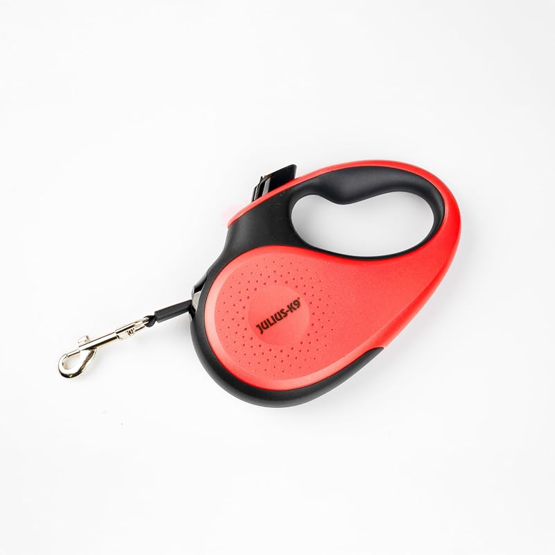 Guinzaglio retrattile per cani, lunghezza 5 m, nero/rosso, impugnatura antiscivolo, estensibile, freno con una sola mano, pausa, blocco, nastro riflettente, anti-groviglio, resistente