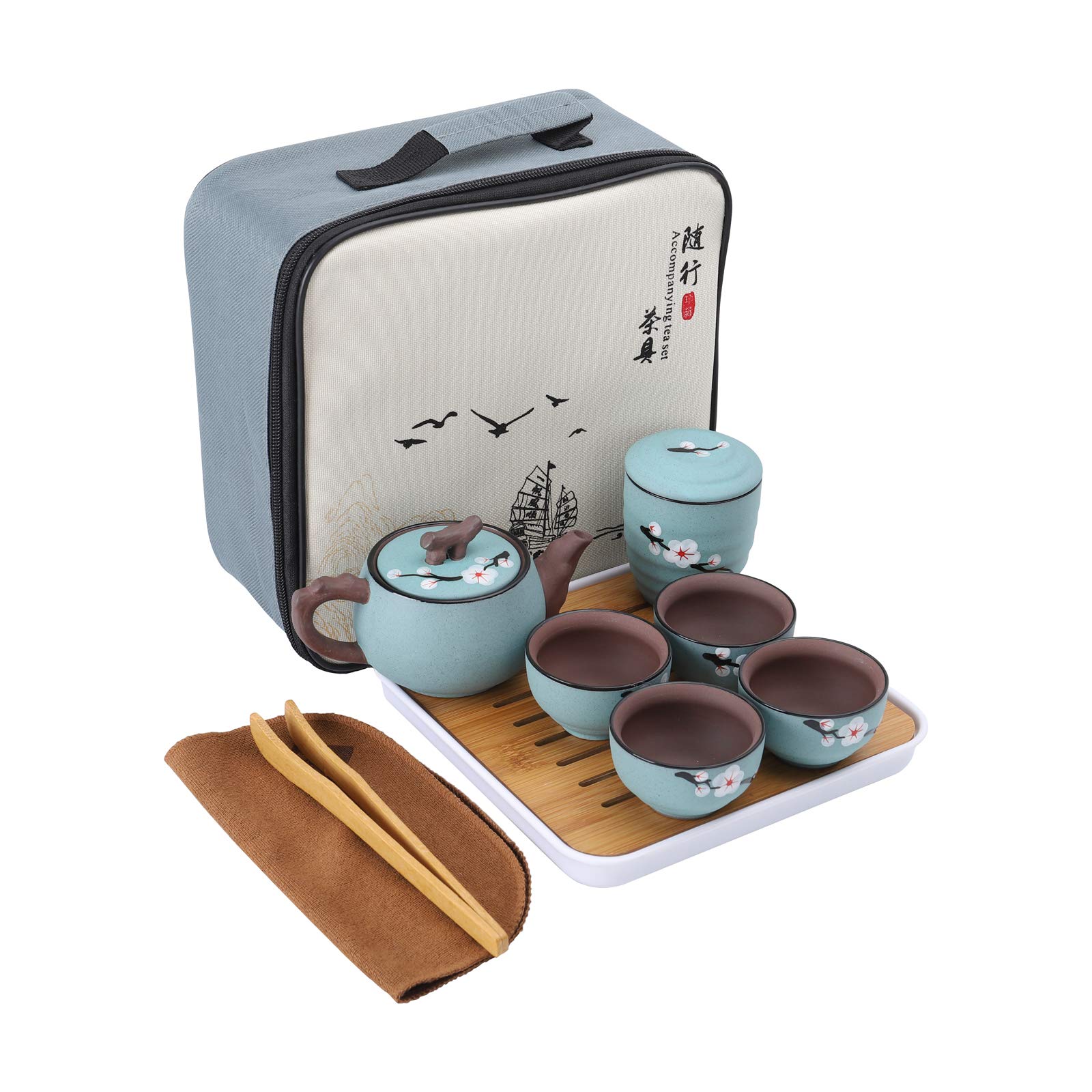 fanquare Japanese Portable Travel Tea Set with Travel Bag, Cherry Blossom Zisha Kung Fu Tea Service for Adults, One Teapot, 4 Tea Cups and 1 Tea Canister
