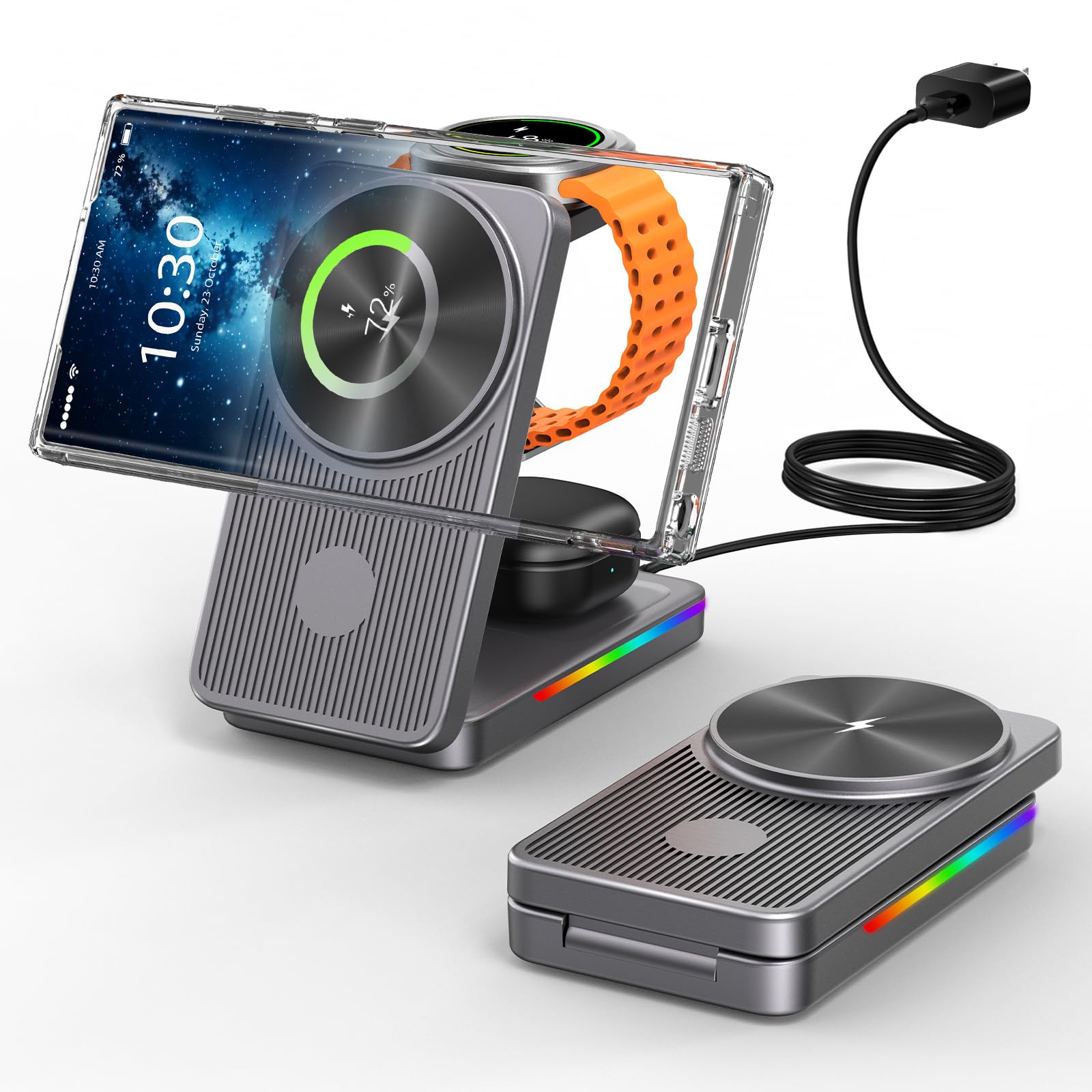 Photo 1 of 3 in 1 Magnetic Wireless Charger for Samsung, Foldable MagSafe Wireless Charging Station for Samsung Galaxy S25Ultra/Z Fold7/Flip7/S24, Watch Charger for Galaxy Watch 8/Ultra/7/6/5/4/Buds (Grey)