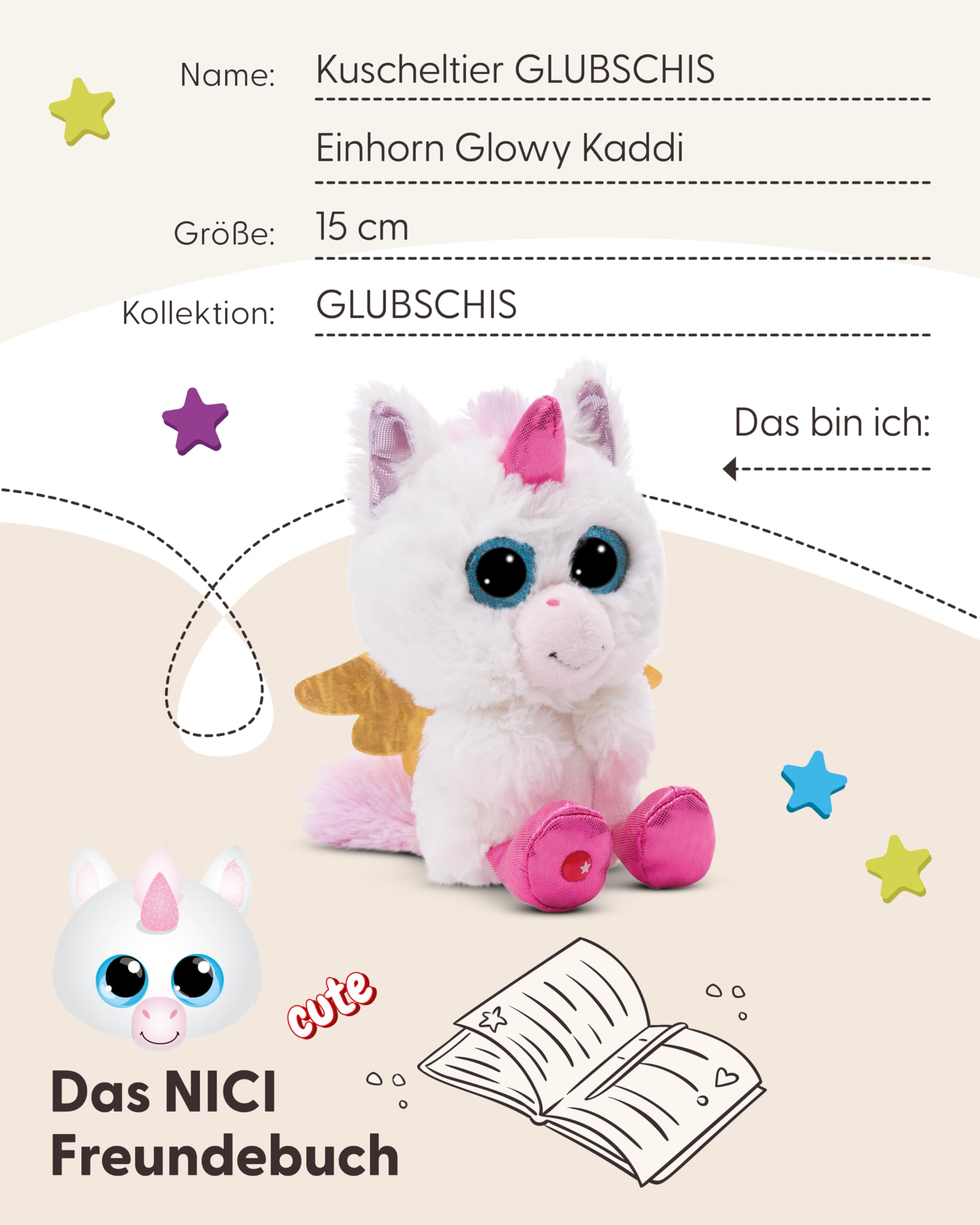NICI Kuscheltier GLUBSCHIS Einhorn Glowy Kaddi 15cm weiß - Stofftier aus weichem Plüsch, niedliches Plüschtier zum Kuscheln und Spielen, für Kinder & Erwachsene, tolle Geschenkidee - 49695 5