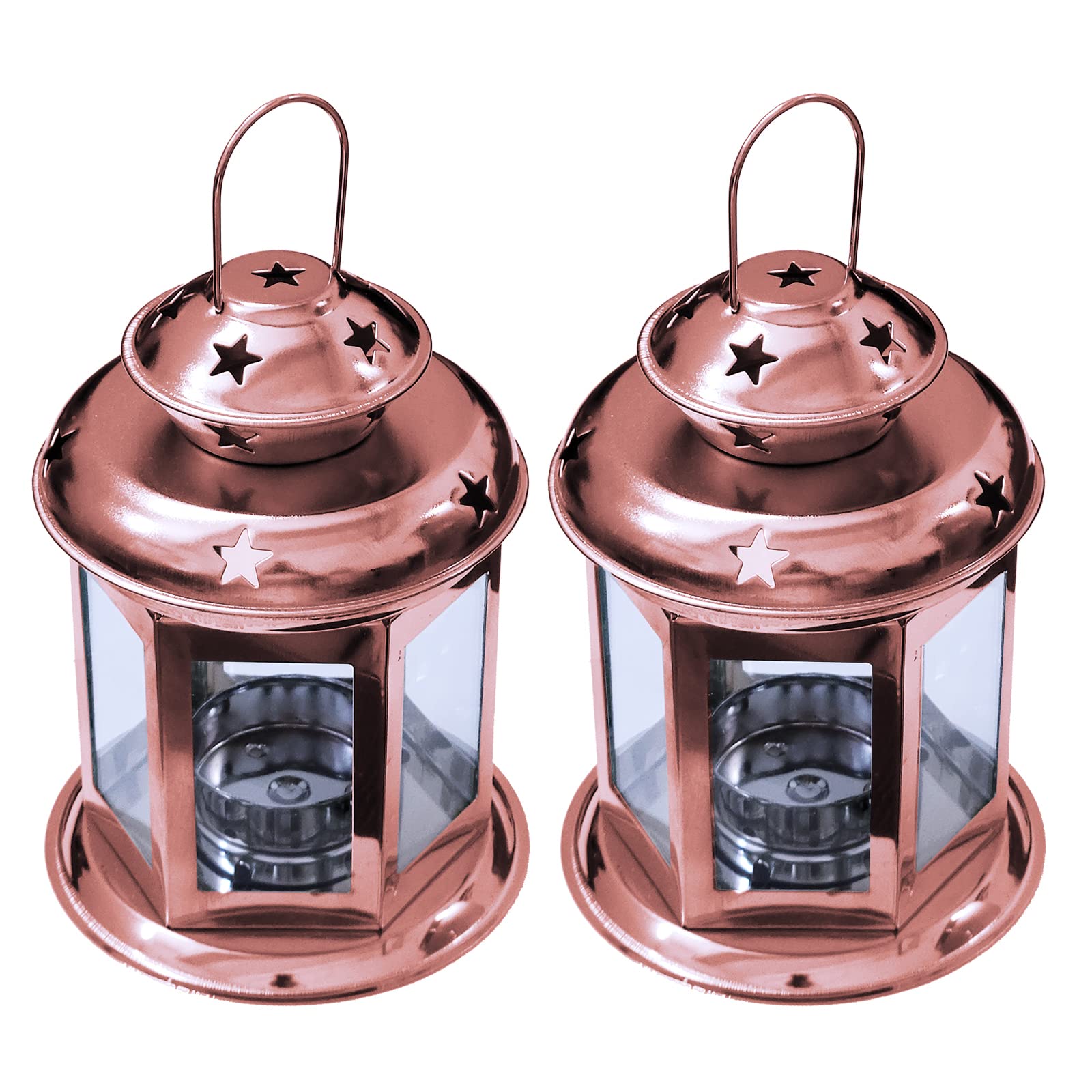 Pair of European Design Antique Glass Hanging Candle Lanterns with Stars Metal Frame Candlestick Holder Night Lamp, Romantic Xmas Wedding Party Decoration Original Package (Bronze)