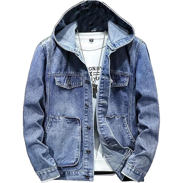 DGKaxiyaHM Men's Hooded Windproof Denim Jacket Distressed Vintage