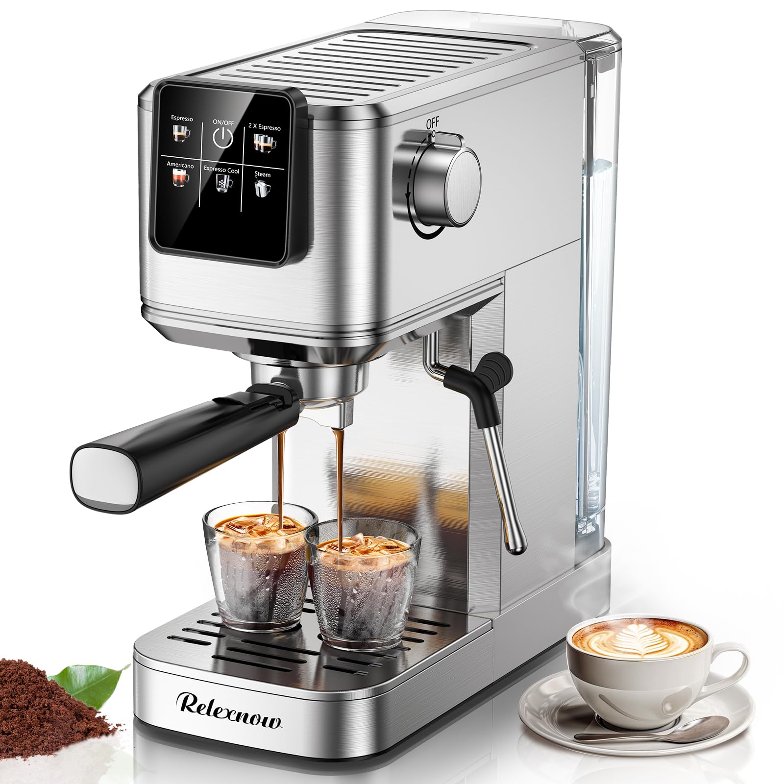 Photo 1 of RELEXNOW Espresso Machine, 20 Bar Espresso Maker Milk Frother & LCD Panel, Hot & Iced Coffee Machine, Stainless Steel Espresso Coffee Machine with 41oz Water Tank for Cappuccino, Latte