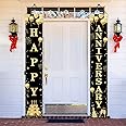 Wedding Anniversary Door Banner - Black Gold Happy Anniversary Sign for Party Decorations, Welcome Porch Outdoor Supplies