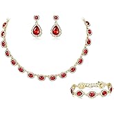 Crysdue Wedding Jewelry Set for Women Brides Oval Rhinestone Crystal Collar Necklace Link Bracelet Teardrop Pierced Dangle Earrings for Prom Party