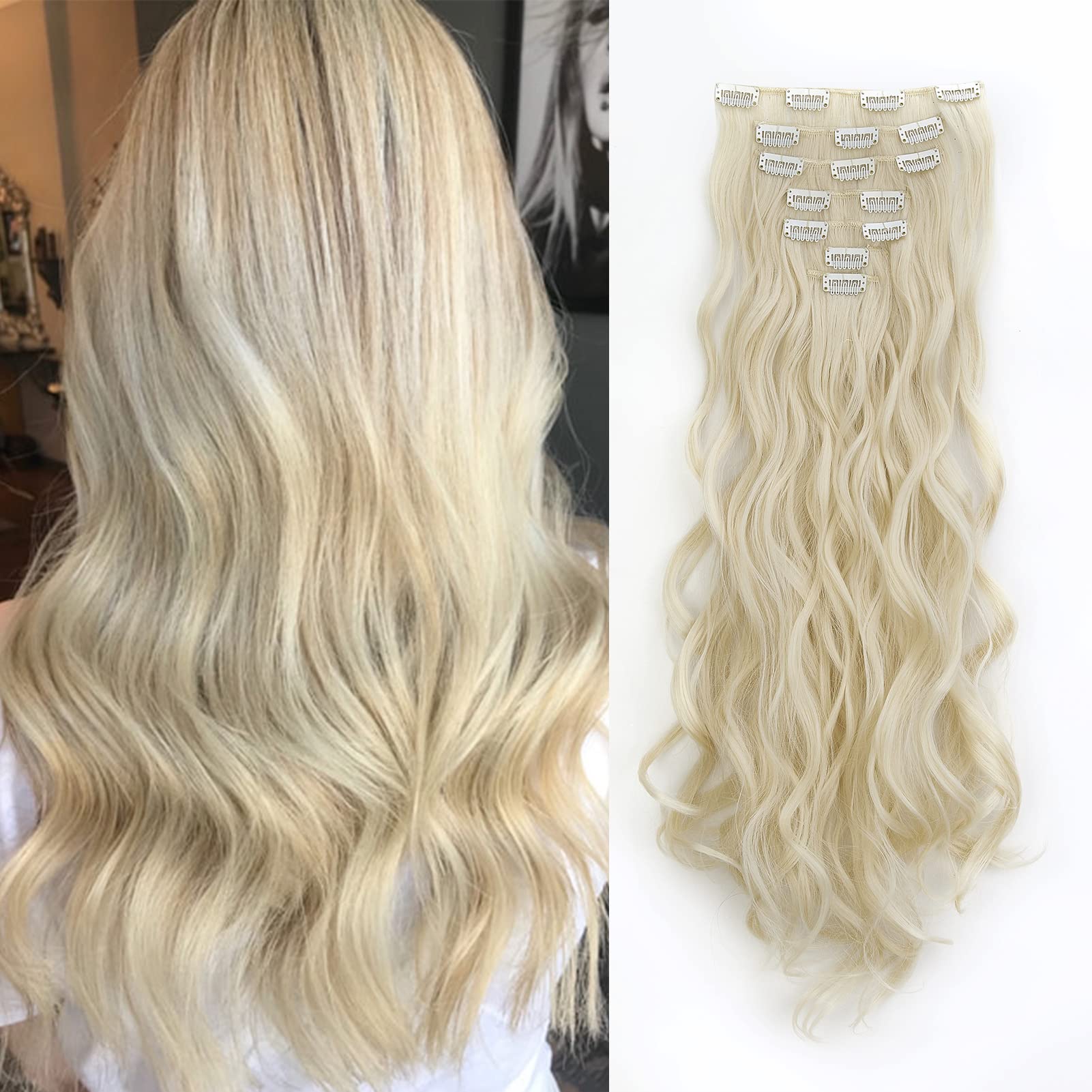 Gairyan 20inch Blonde Curly Hair Extensions Clip in Long Hair Extension 7PCS Full Head Synthetic Wavy Hairpiece for Women (Bleach Blonde) โ image 1