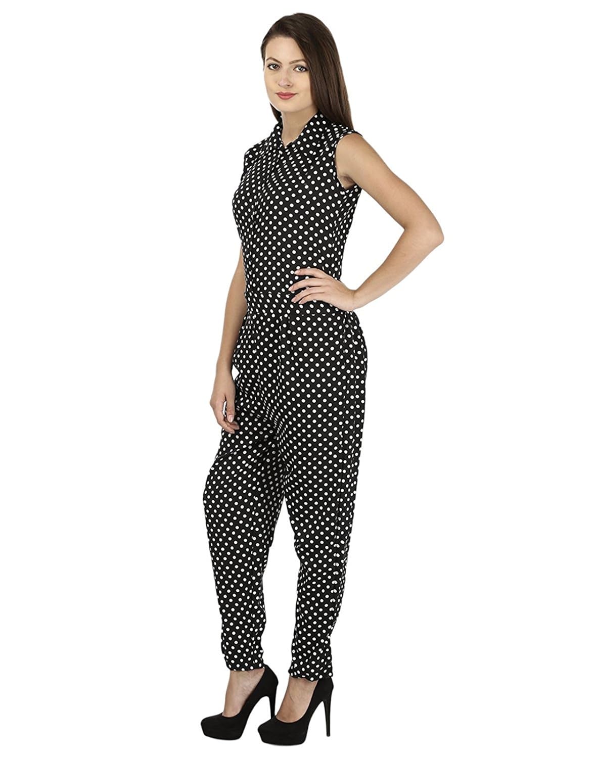 my swag women's polka dot print collared sleeveless jumpsuit