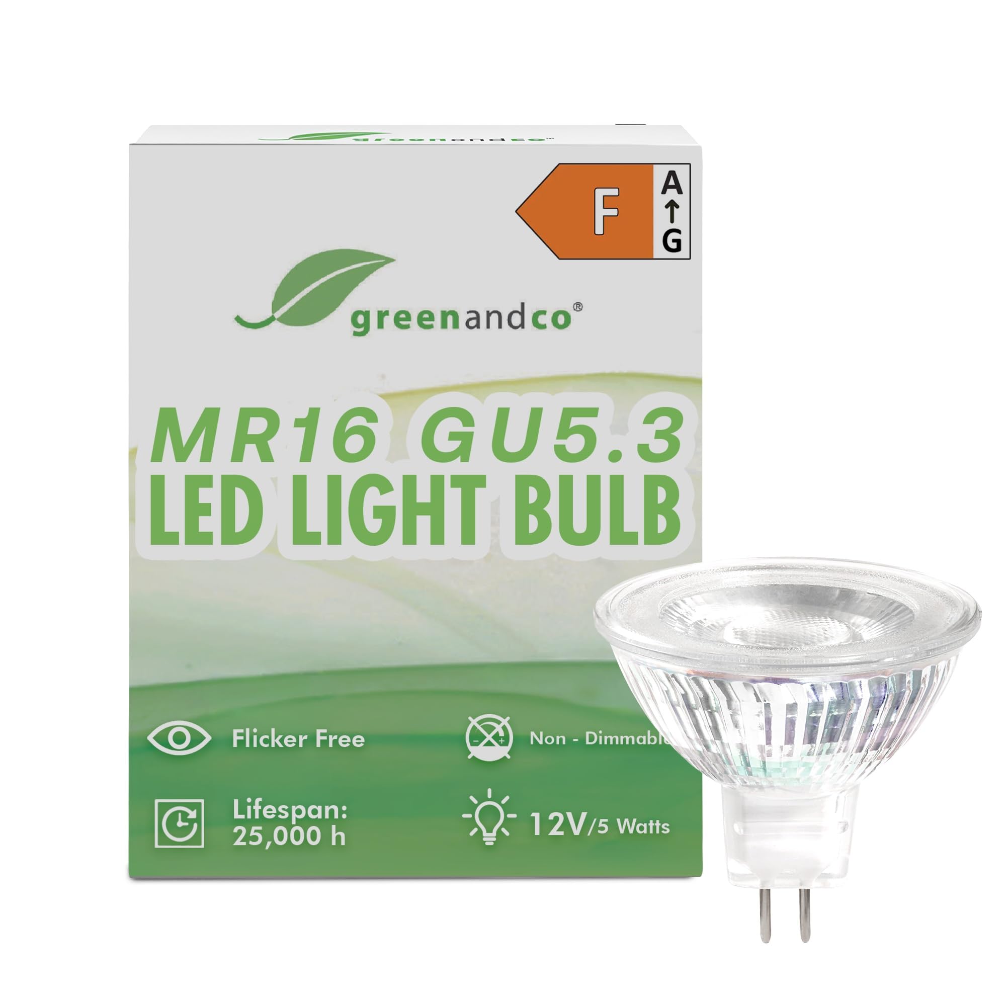 greenandco MR16 GU5.3 | Replaces 40W | Warm White 3000K | CRI 90+ | 5W 400 lm | 38° | No Flicker | COB LED Light Bulb | 12V AC/DC | Non dimmable