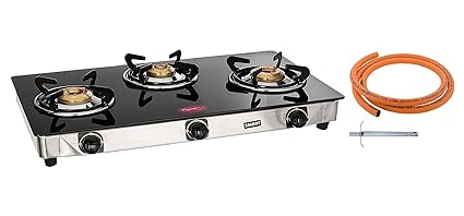 Pigeon Smart 3 Burner Glasstop Gas Stove with LPG Hose Pipe and Gas Lighter