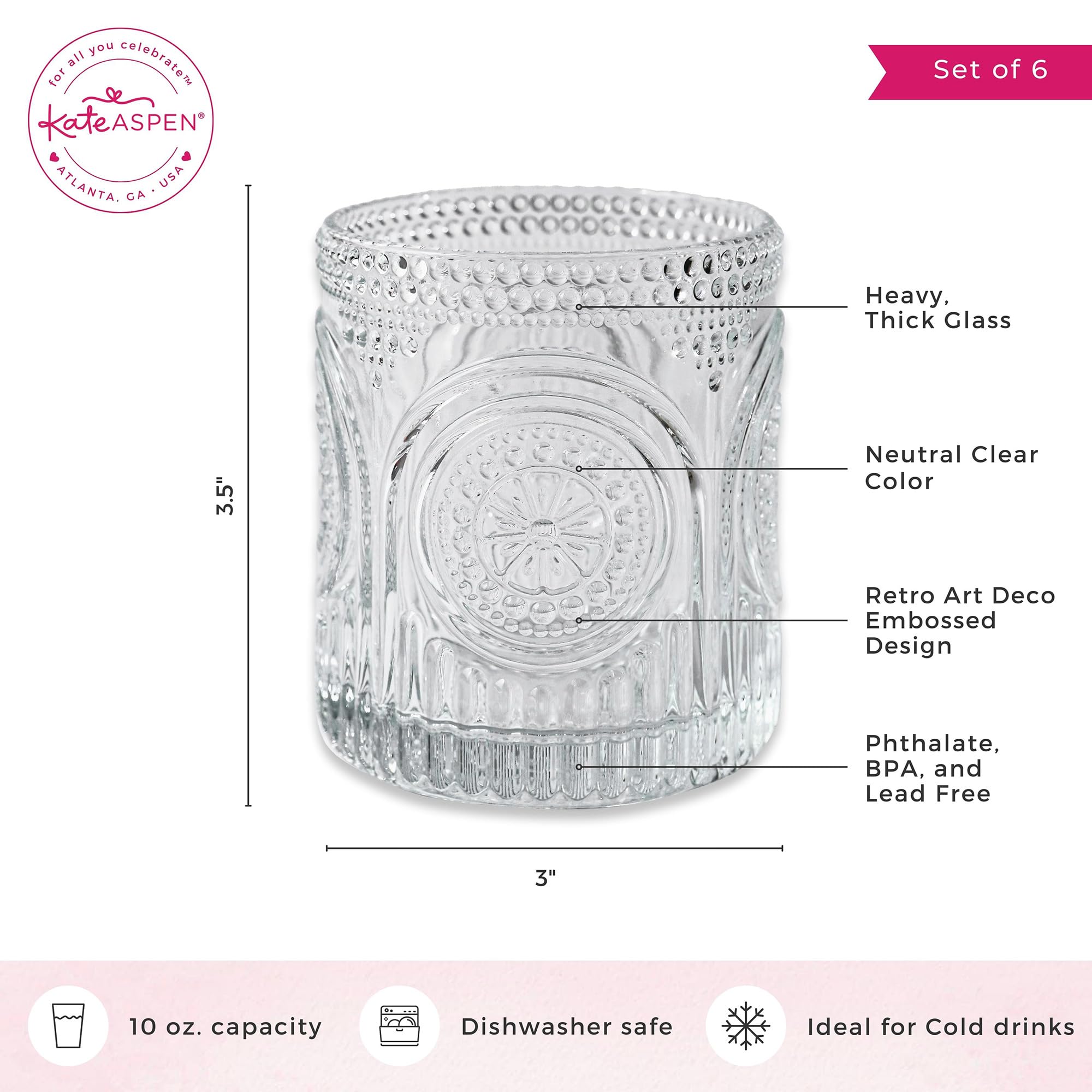 Kate Aspen Ribbed Retro Arch Floral Clear Drinking Glasses Set of 6, (10 oz) Vintage Glassware Set Cocktail Glass Set, Juice Glass, Water Cups | Great Hostess Gift & Gift for New Home Owners