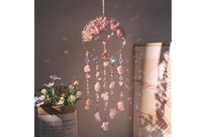 DREAMOCEAN Pink Dream Catchers Crystal Tree of Life Dreamcatcher with Rose Quartz Butterfly Crystal Suncatcher Prism Hangings Wall Window Bedroom Room Decor Gift for Girls Boys Adults