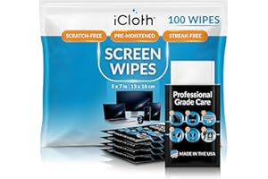 iCloth Large Screen Cleaning Wipes for Electronics, Lint-Free and Streak-Free, Fast-Drying, Removes Dust, Fingerprints, and S