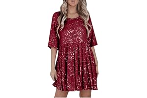 Binmer Sequin Babydoll Mini Dress for Women Sparkly Glitter Half Sleeve Crewneck Pleated Tunic Dress for Party Club Night Out