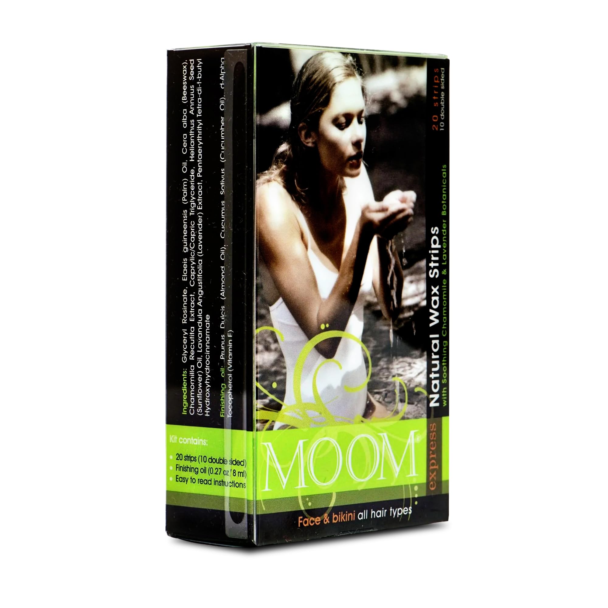 MOOM Express Wax Strips with Chamomile & Lavender, Hair Removal Kit with Finishing Oil - Wax Strips for Face, Bikini Zone & Brazilian, Perfect For Travel - 1 Pack of 10 Double-Sided Strips, 20 count