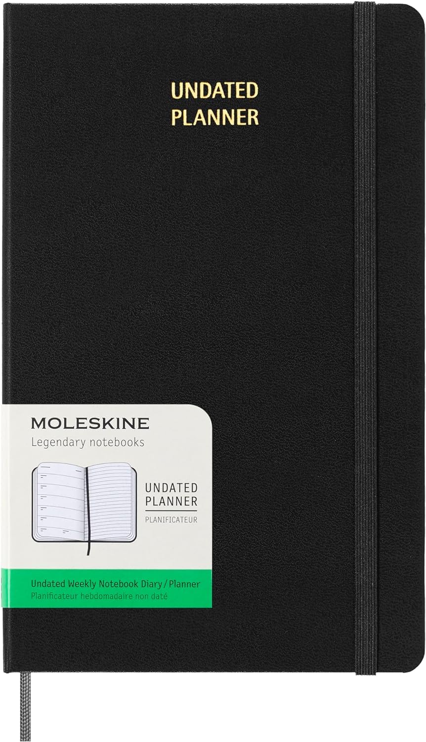 Moleskine Undated Weekly Planner, Weekly Planner With Space for Notes 12 Months, Hard Cover and Elastic Closure, Colour Black, Large Format 13 x 21 cm