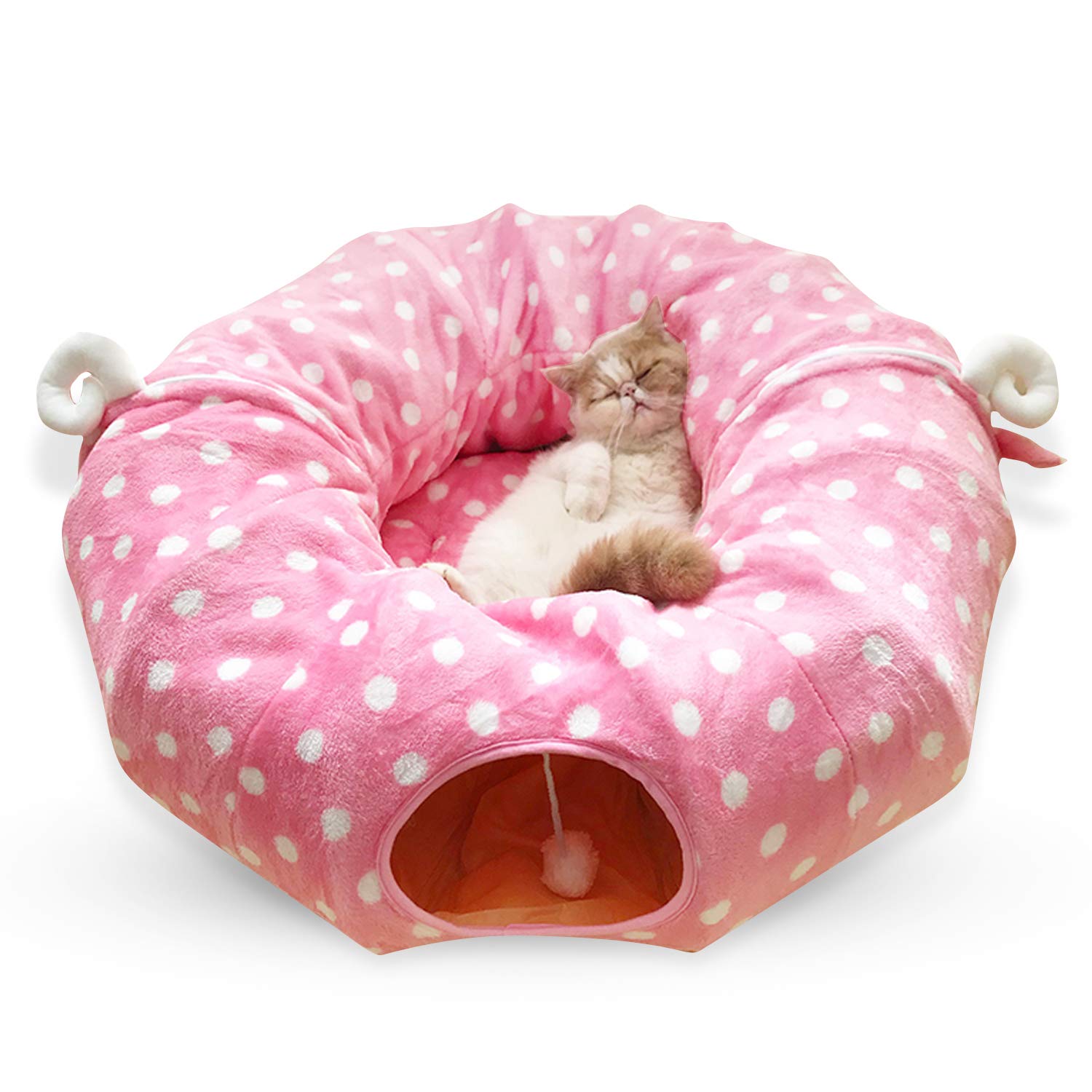 PETCUTE Cat Tunnel Toy with Ball, Cat Game Interactive Toy,Cats Play Tunnel and Bed,Pop-up Collapsible Kitten Channel Pink B