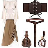 6 Pcs Halloween Renaissance Costume Women Set Medieval Pirate Outfit Shirt Skirt Viking Corset Belt Potion Bottle Belt Pouch