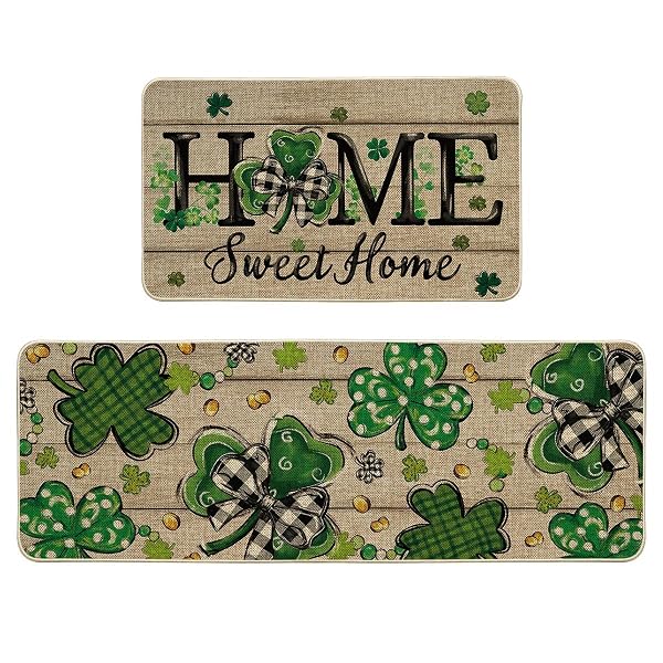 ARTOID MODE WOOD SHAMROCK SWEET HOME ST. PATRICK’S DAY KITCHEN MATS SET OF 2, HOME DECOR LOW-PROFILE KITCHEN RUGS FOR FLOOR – 17X29 AND 17X47 INCH