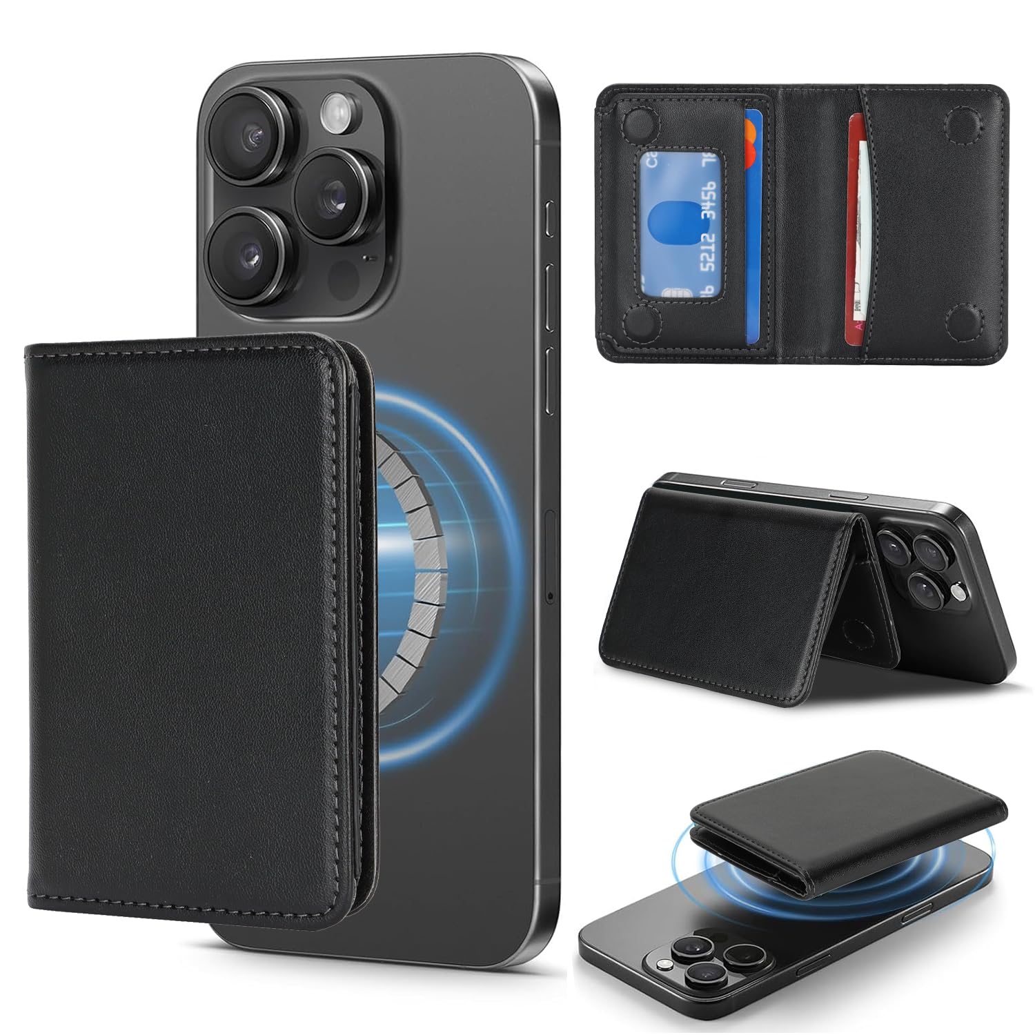 Photo 1 of Cavor Compatible with MagSafe Wallet,Magnetic Wallet for iPhone 17/16 Pro Max/15 Pro/14 Plus/13/12 Series,Magnetic Card Holder with Adjustable Stand,Mag safe Phone Card Holder-Black