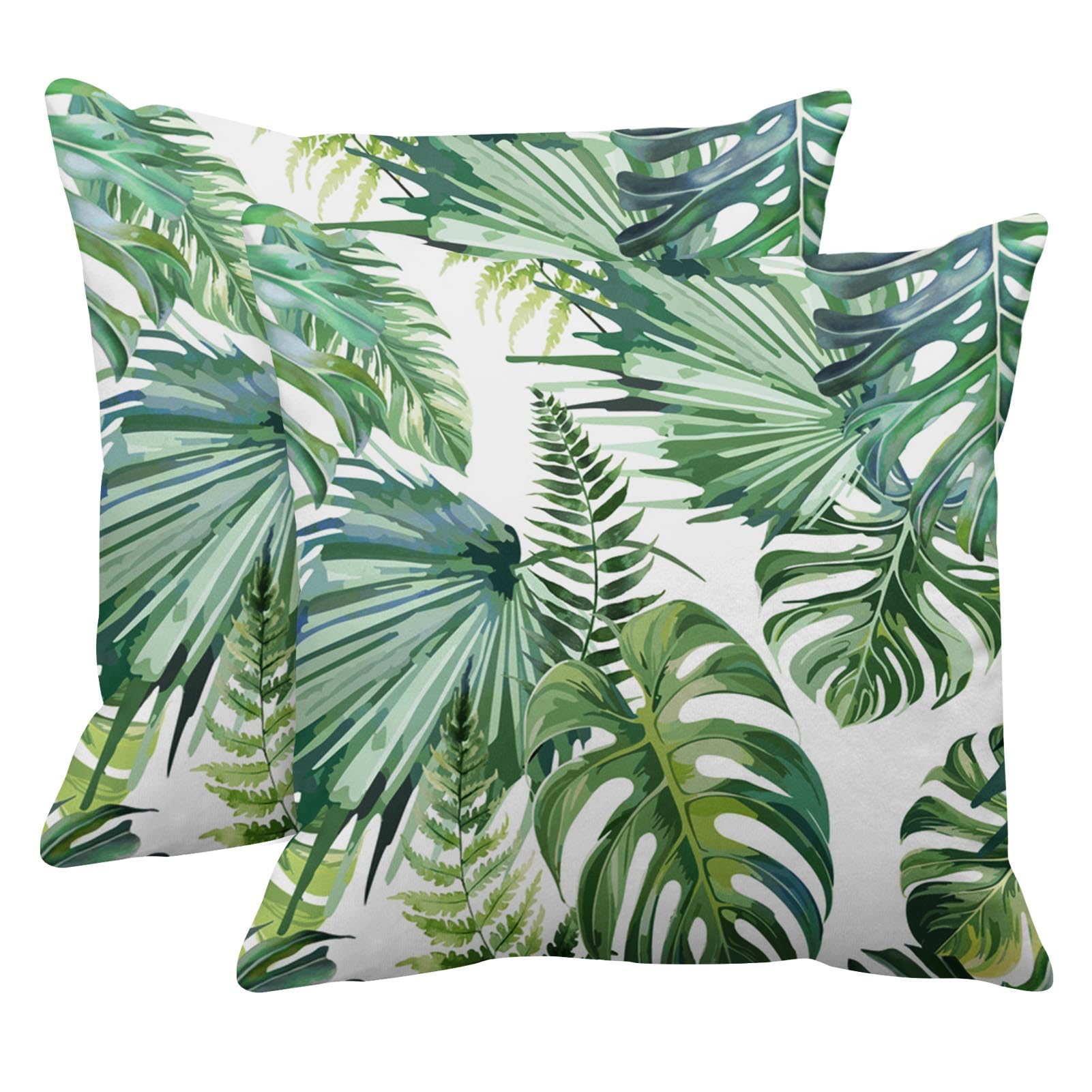 Photo 1 of Emvency Set of 2 Throw Pillow Covers Tropical Watercolor Artistic Modern Green Palm Leaf Decorative Pillow Cases Home Decor Standard Square 24x24 Inches Summer White Pillowcases