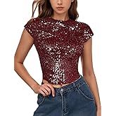 WDIRARA Women's Sequin Boat Neck Shirts Sparkle Glitter Backless Tee Cap Sleeve Crop Tops