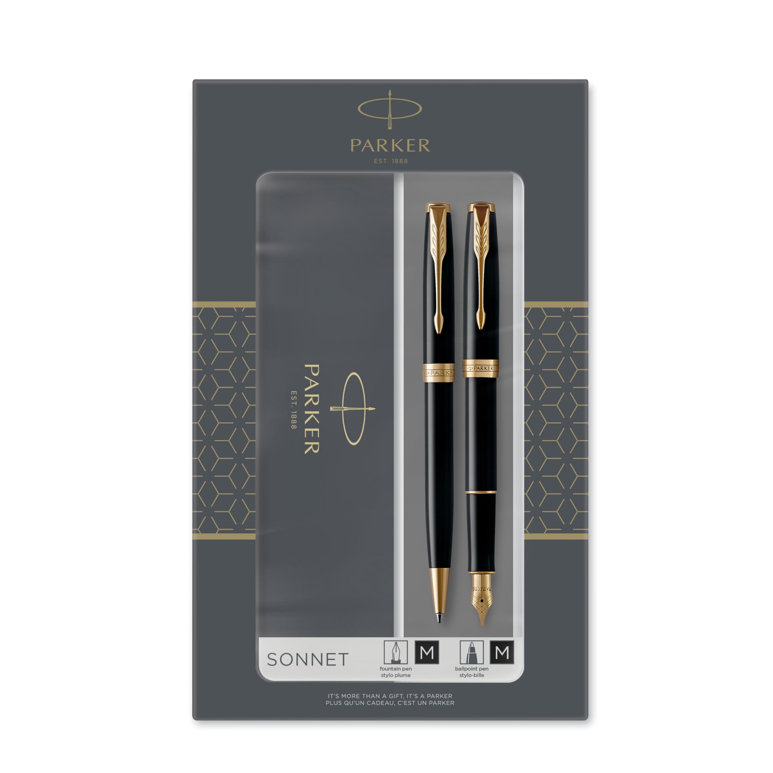 Parker Sonnet Duo Gift Set With Ballpoint Pen & Fountain Pen (18K Gold Nib), Gloss Black With Gold Trim, Black Refill & Cartridges, Gift Box