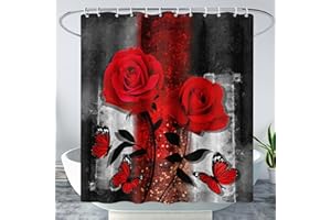 AILONEN Red Rose Shower Curtain for Bathroom, Romantic Rose Flower Bath Curtain,Grey Abstract Waterproof Floral Butterfly Print Shower Curtain Decoration with 12 Plastic Hooks, 48" W*72" H