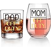 ONEHAUS Dad & Mom Off Duty Gifts, Whiskey Glass and Stemless Wine Glass Set, Birthday Gift for Father’s Day Mother’s Day Christmas Birthday Daily Use Baby Shower