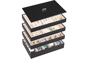 Voova Stackable Jewelry Organizer Tray with Lid, PU Leather Jewelry Storage Holder for Drawer Inserts, Jewellery Display Box Case for Earring Necklace Ring Watch Bracelet (Set of 4, Black)