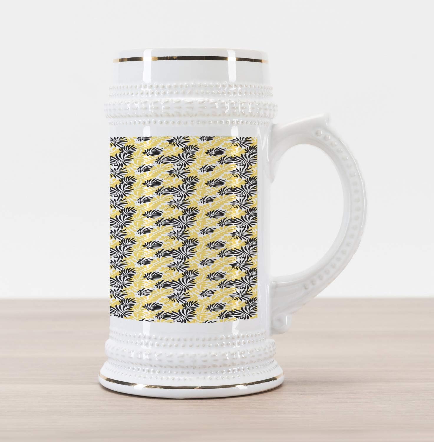 Ambesonne Yellow and Black Beer Stein Mug, Foliage Leaves