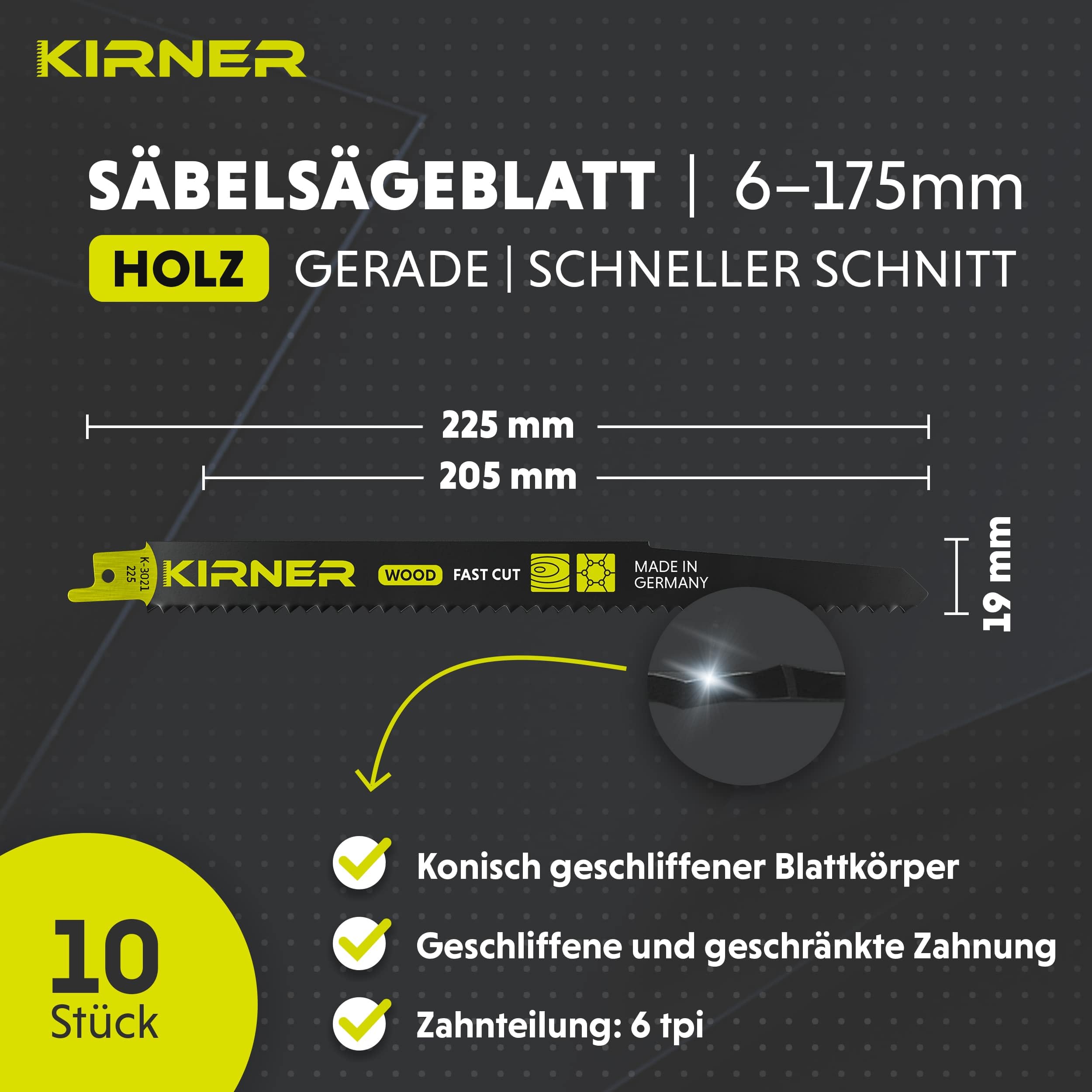 KIRNER Säbelsägeblätter Holz 225mm [ Extrem scharf & Langlebig ] 10er Pack Sägeblätter Säbelsäge inkl. Box - Reciprosägeblätter mit Universalaufnahme für alle Holz und Kunststoff 6-175mm 3