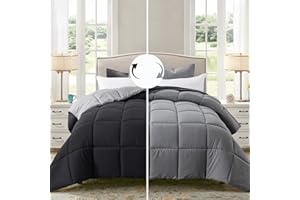 ELNIDO QUEEN® All-Season Reversible Down Alternative Quilted Comforter- Corner Duvet Tabs-Machine Washable-Duvet Insert or Stand – Alone Lightweight Comforter- Black/Gray -Queen Size(88×92 Inch)