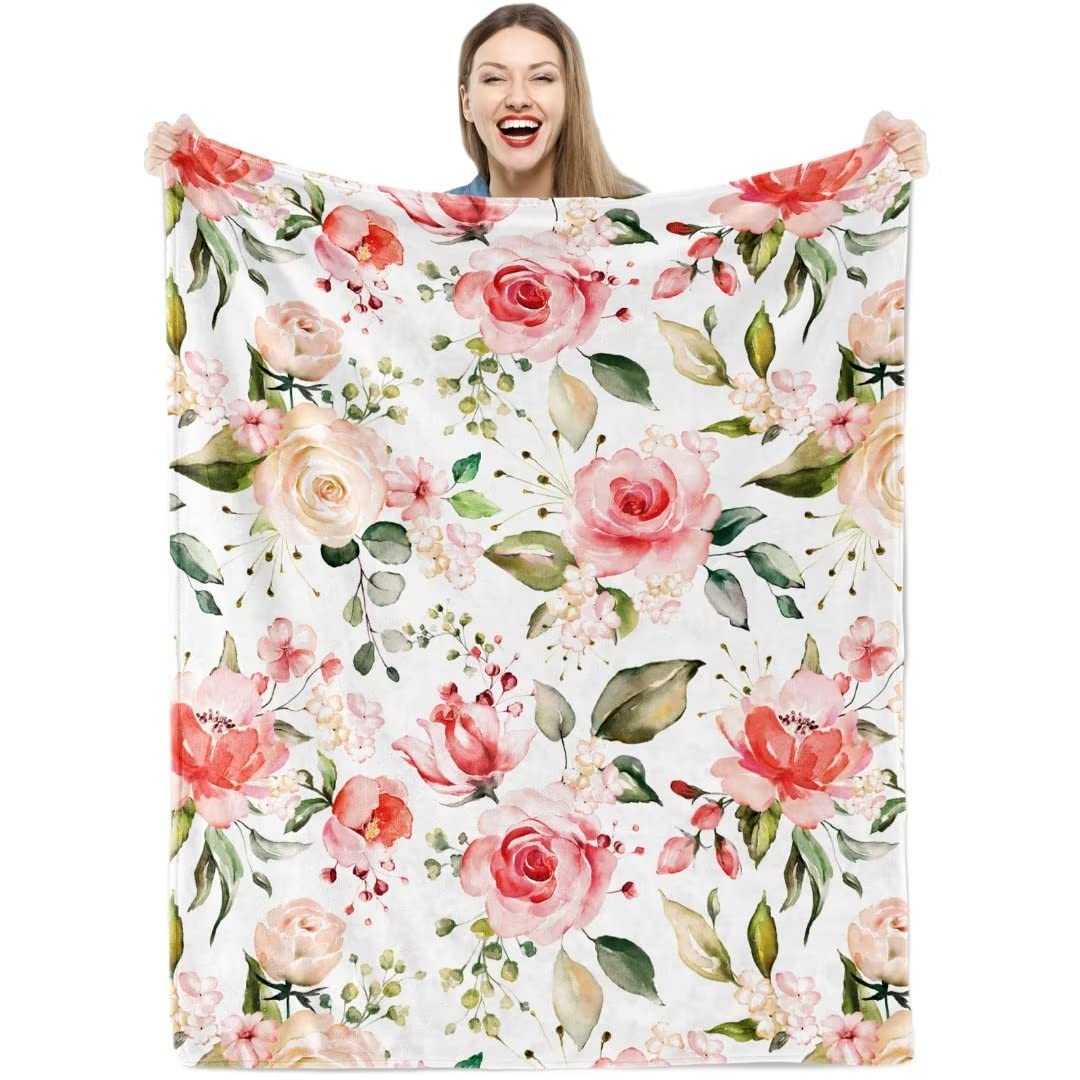 Teslite Floral Throw Blanket Pink Rose Flannel Fleece Blankets Soft Colorful Wild Flowers Plush for Women Girl Gifts Cozy Fuzzy Spring Summer Wildflower Sofa Chair Office, 50'' x 60''