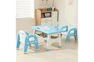 Hulaibit Kids Table and 2 Chairs Set, Toddlers Table and Chairs Set with Large Built-in Storage Shelf, Kids Activity Table for Reading, Drawing, Eating, Playing, with Anti-Slip Foot Covers, Blue