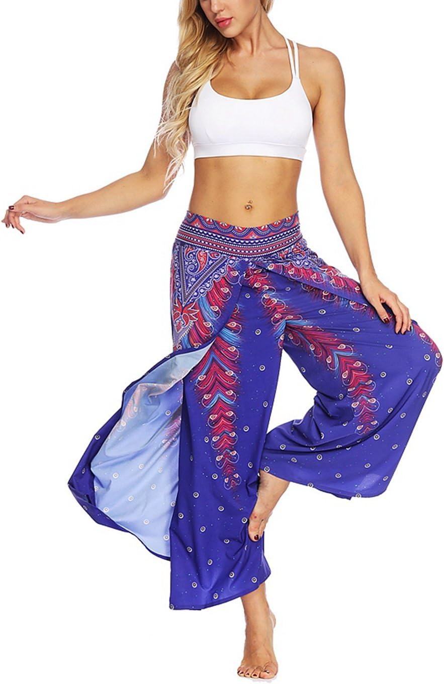 SHYAYA Women Boho Hippy Yoga Pants Palazzo Slit Wide Leg Trousers Bohemian Loose Fit Harem Pants Girls Baggy Lounge Pants