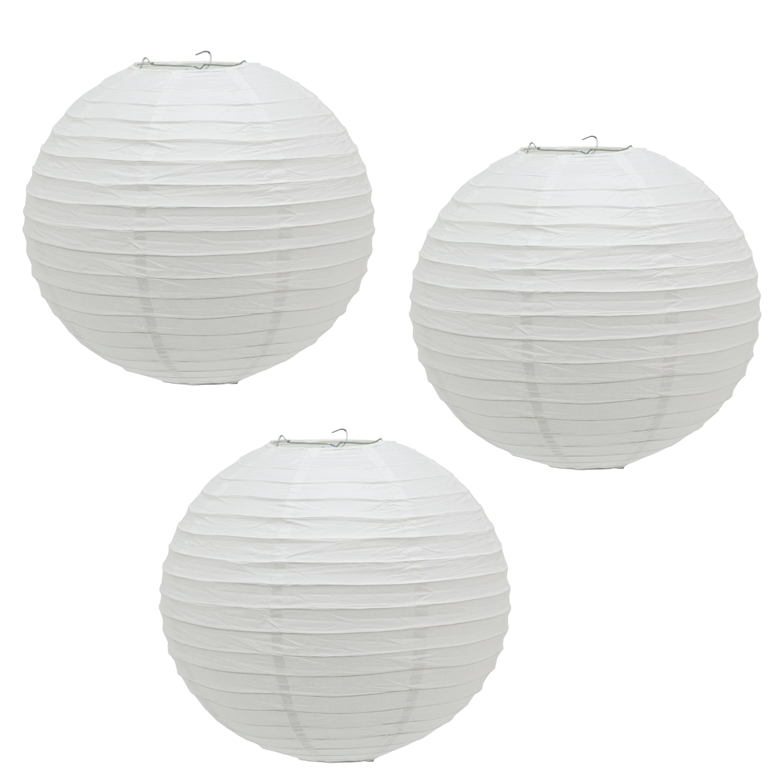 Pack of 3 x 30cm Round White Paper Light Shade Lantern | Classic Bamboo Style Ribbed Paper Lampshade | Hanging Circle Ceiling Lightshade