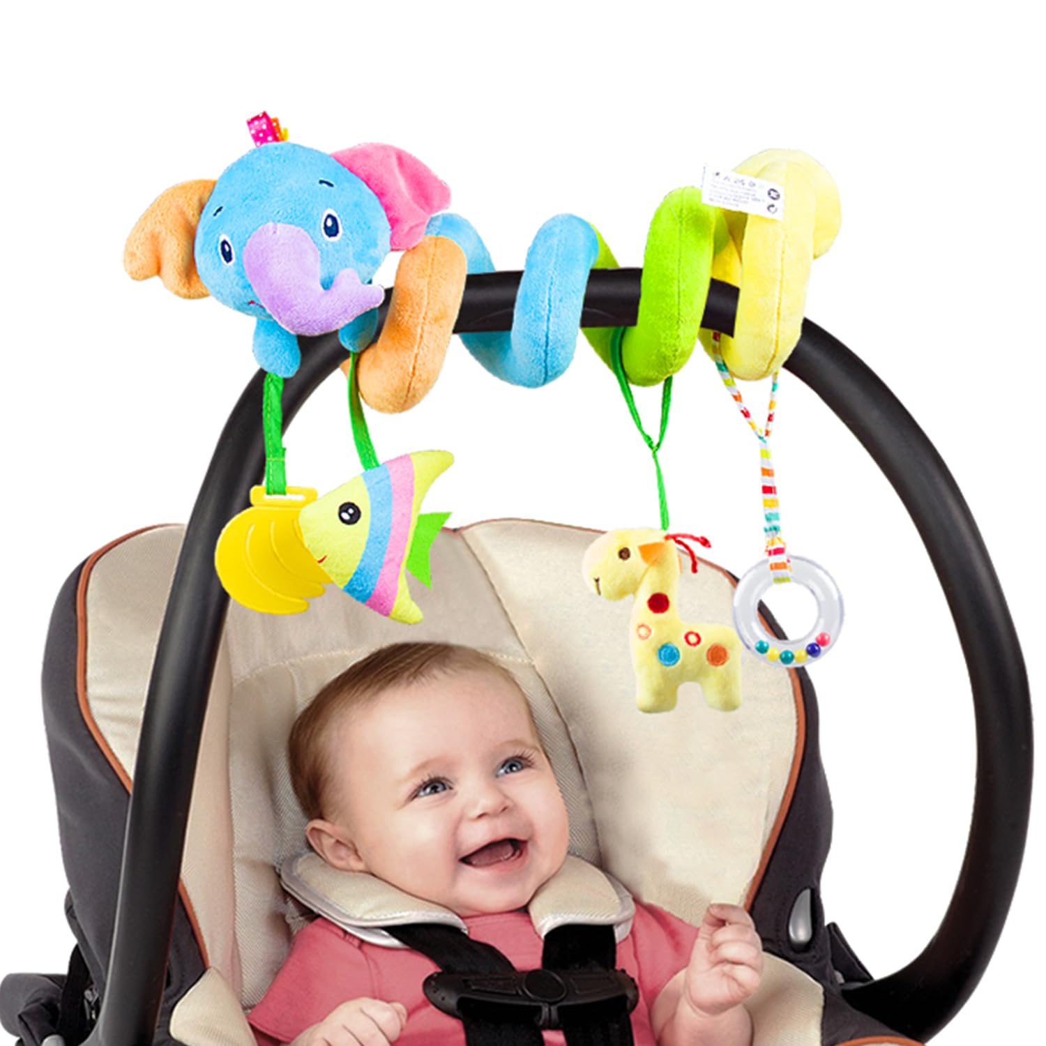 Caterbee Baby Car Seat Toys, Hanging Activity Spiral Plush Stroller Toys with Rattle for boy or Girl (Elephant)