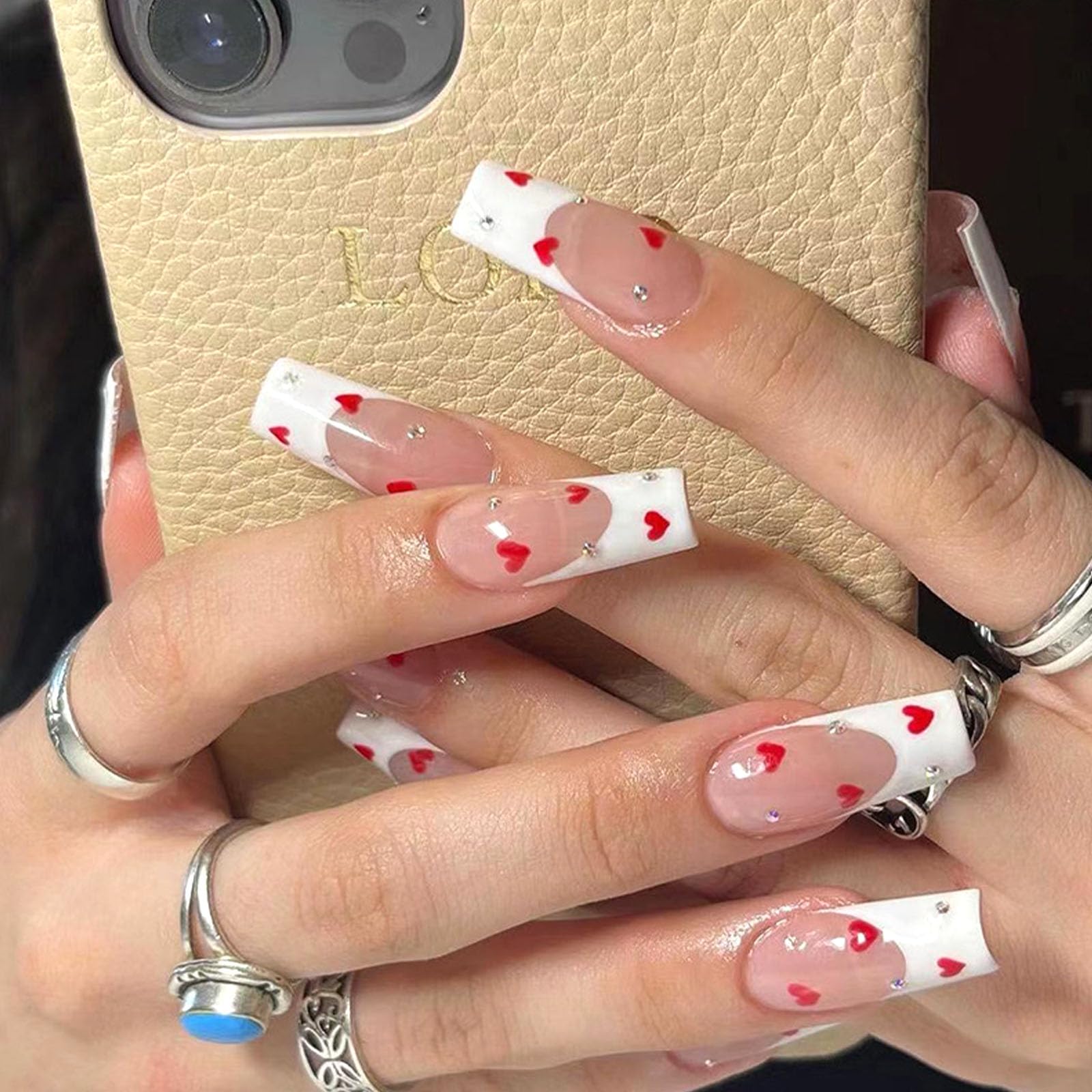 Press on Nails Square Long False Nails with Rhinestones Design Red Heart Glue on Nails Nude Full Cover Fake Nails Press ons Glossy White French Tip for Girls 24Pcs