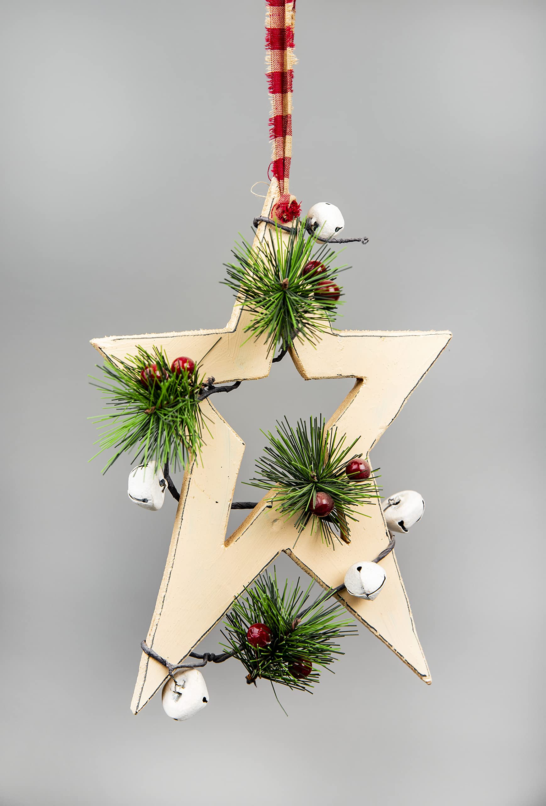 SHATCHI 36cm Cream Wooden Star Wall Hanging Ornament Decorated with White Bells Berries and Pines Christmas Holiday Home Decorations, 25x1.2x36 cm