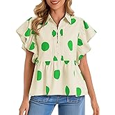 Cicy Bell Womens Polka Dot Babydoll Tops Peplum Ruffle Cap Sleeve Blouses Summer Casual Half Button Up Shirts