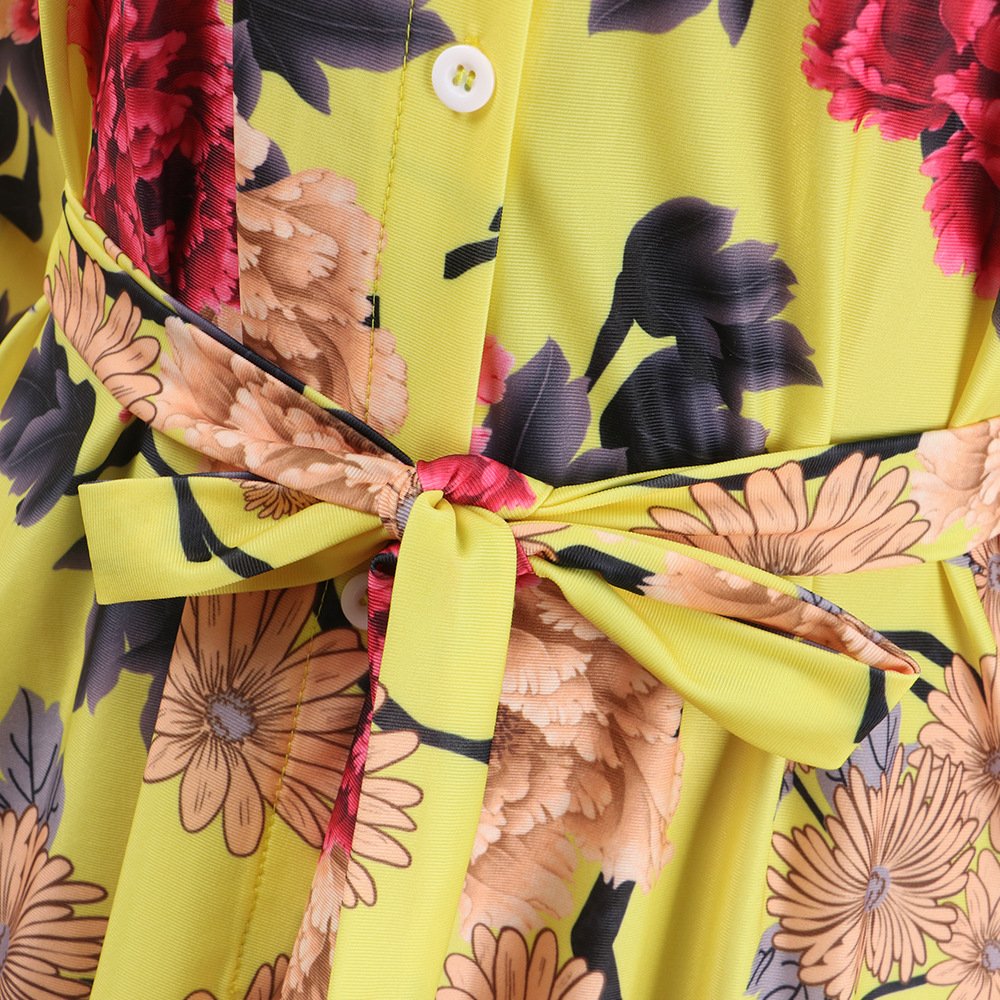 Women\'s Floral Print Belted Blouse Button Down Shirt Dress Long Sleeve Irregular Hem Small Yellow