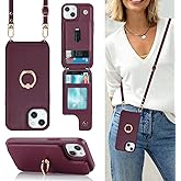 Lipvina for iPhone 14 Plus Case with Card Holder and Strap for Women,Crossbody Lanyard,Stand Ring Kickstand,Snap Clasp,Phone Wallet Cases 6.7 inch(Wine Red)