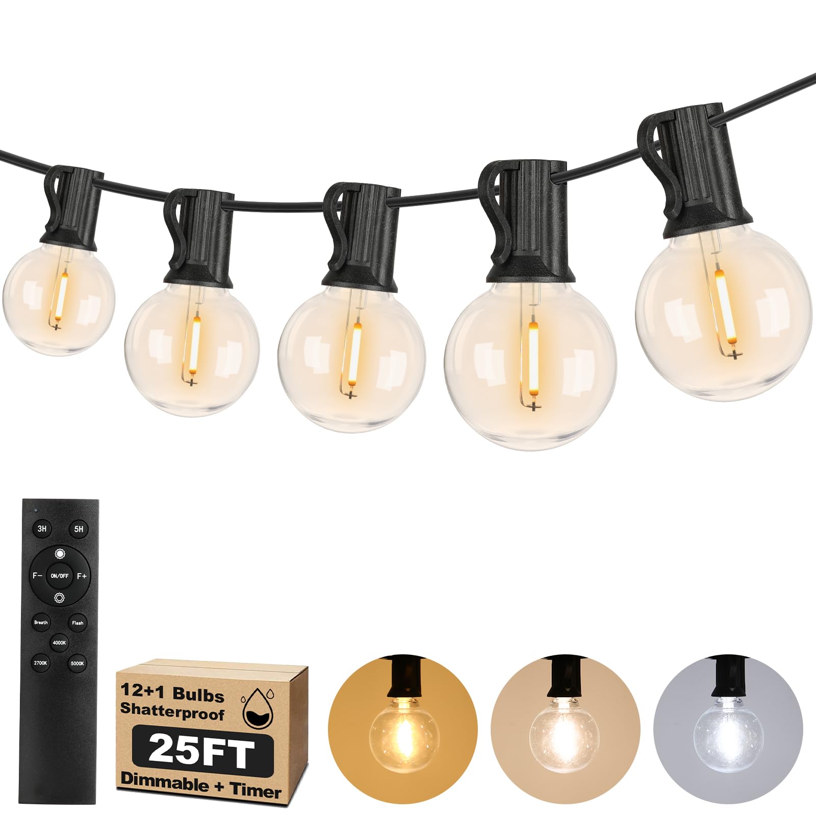 Photo 1 of 25FT LED Outdoor String Lights with 3 Color Lights, Dimmable String Lights for Outside with Remote, G40 Globe Waterproof Patio Lights with 12+1 Shatterproof Bulbs for Party Backyard BBQ House Camping