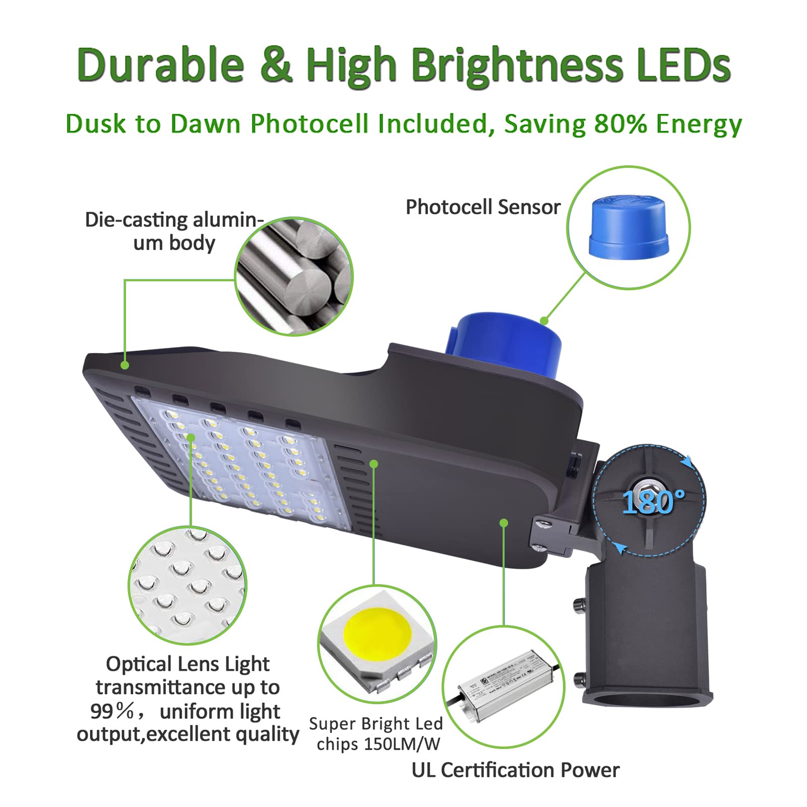 150W Outdoor Parking Lot Lighting, LED Street Light 22,500LM Super Bright 5000K Daylight White AC100-277V with Dusk to Dawn Photocell Replaces 1500W Halide Slip Fit Mount Shoebox Pole Light
