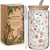 Floral Iced Glass Cups with Bamboo Lids and Straws 16oz Wildflower Coffee Cup Gift for Women Cute Flower Drinking Glass with Cleaning Brushes, Flower Gifts for Mother 's Day Birthday Bridesmaid Party