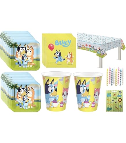 Bluey Birthday Party Supplies Pack - Serves 16 With Plates, Cups, Napkins & Table Cover